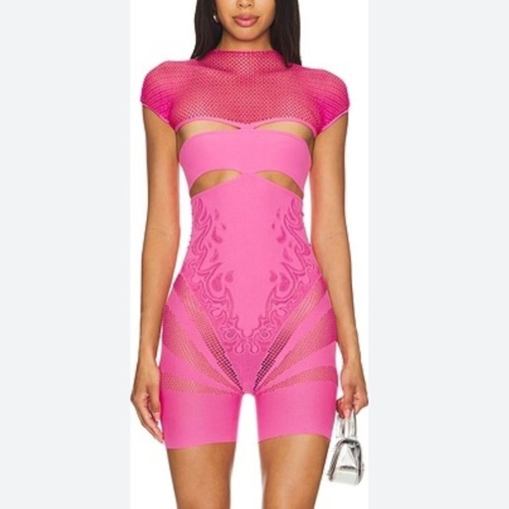 Poster Girl Pollard Playsuit fuschia pink fishnet romper body stocking Revolve